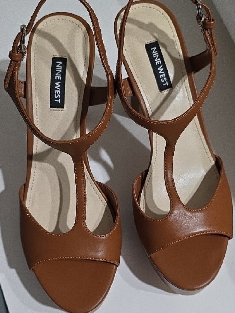 Nine West Tan T-Strap Platform Heels